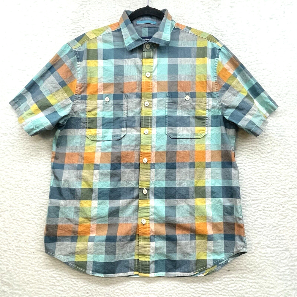 Tommy Bahama Shirt Mens Large Blue Orange Plaid Button Down Short Sleeve Cotton